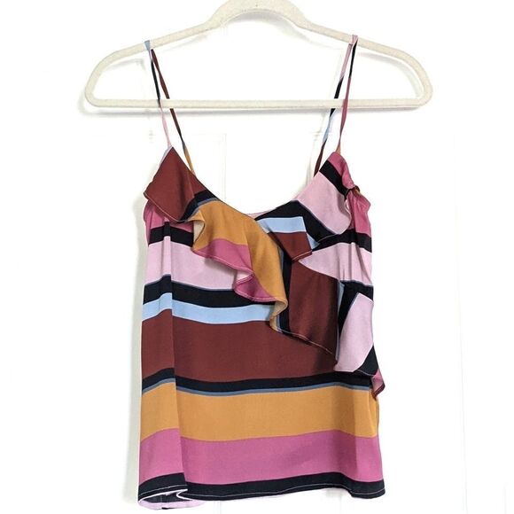 Tucker Assymetical Ruffle Tank Top Mesa Stripe in Stretch Georgette Silk Blouse - Picture 1 of 6
